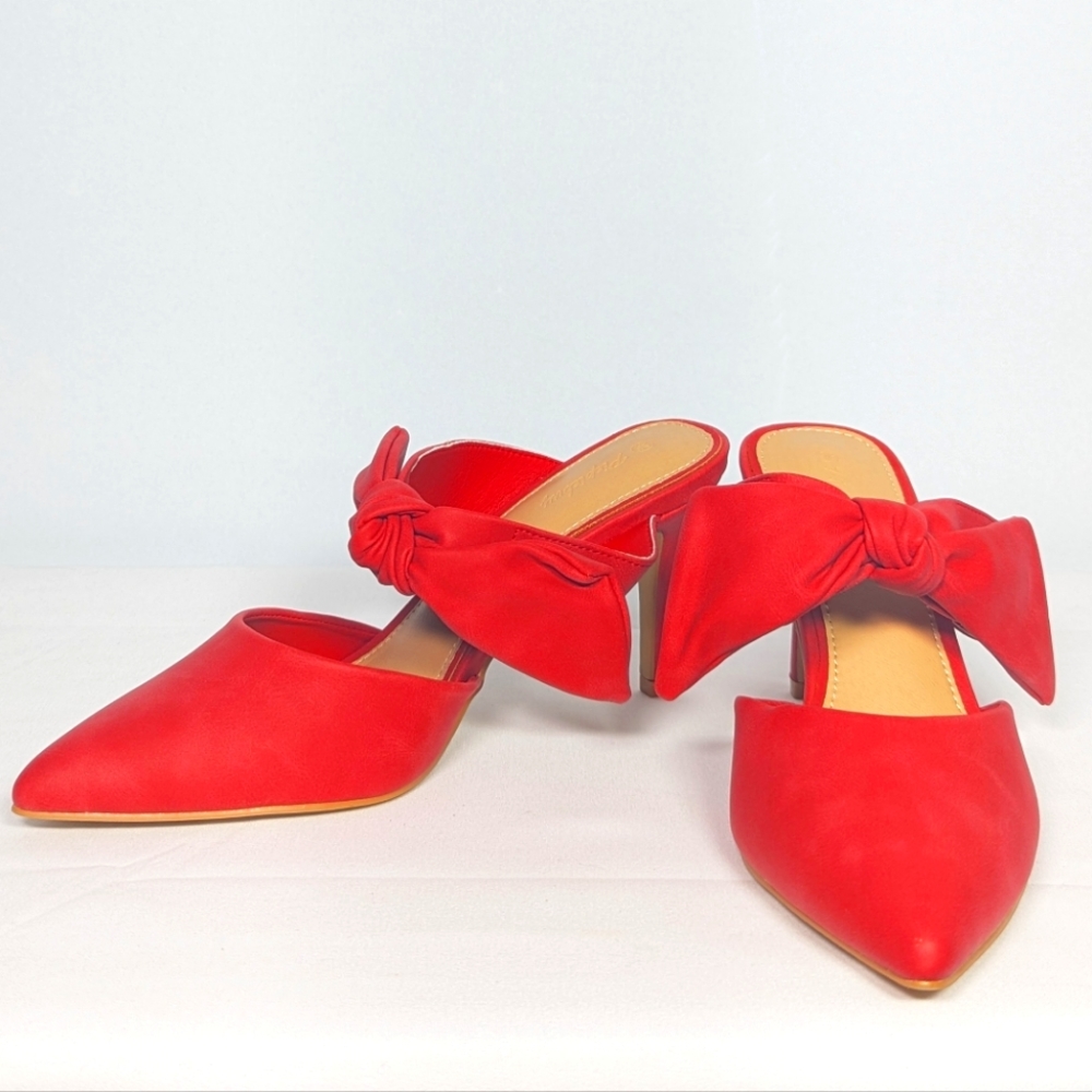 NEW PiePieBuy Womens Pointed Toe Pump Mid Heel Bow Stilettos Sz 9.5 red